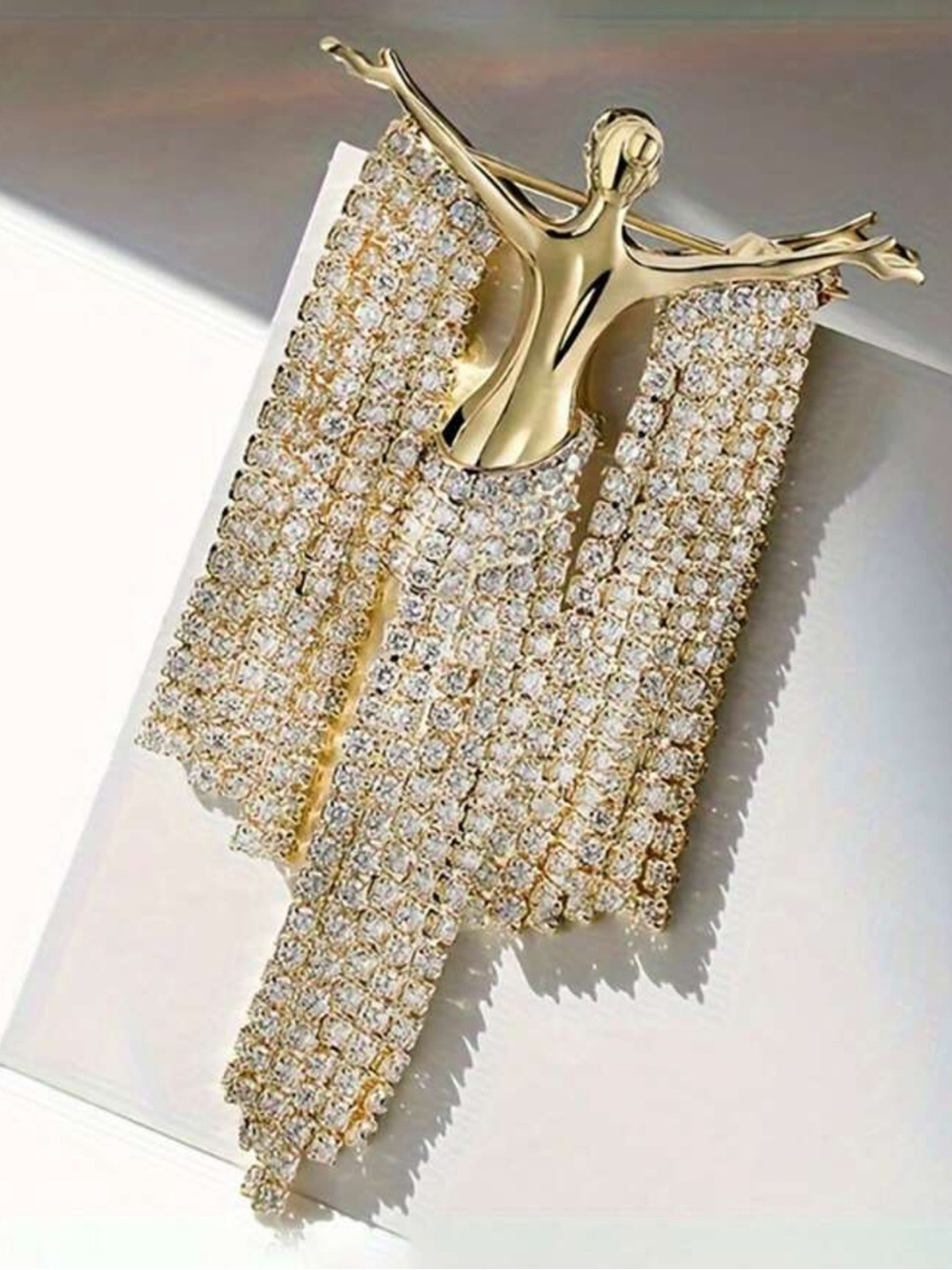 Gold Crystal Fringe Brooch – Dancer Motif, Showgirl Brooch, Woman Brooch